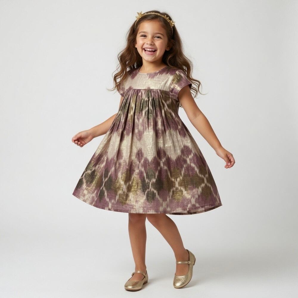 Pink Chicken Girls Metallic Pleated Short Sleeve Babydoll Dress Size 6 formal